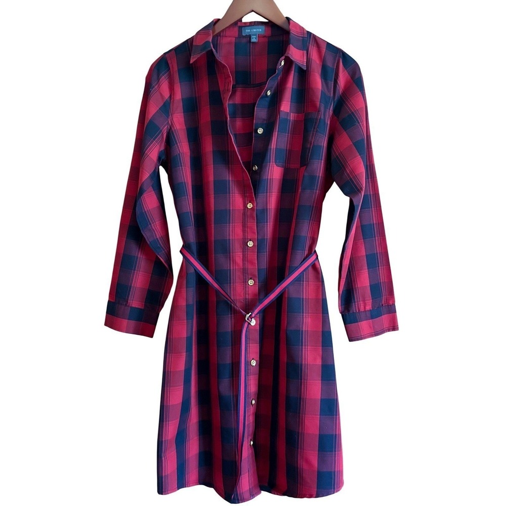 The Limited Red Navy Plaid Button Front Shirt Dress Petite Small Gold Buttons